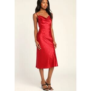 Lulus You're My Type Red Satin Jacquard Midi Slip Dress Size Small NEW